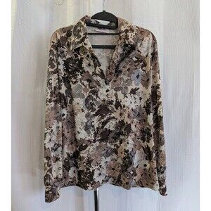 Vintage 70s 80s Floral Blouse Long Sleeve Brown Collared Placket Poly (J04)